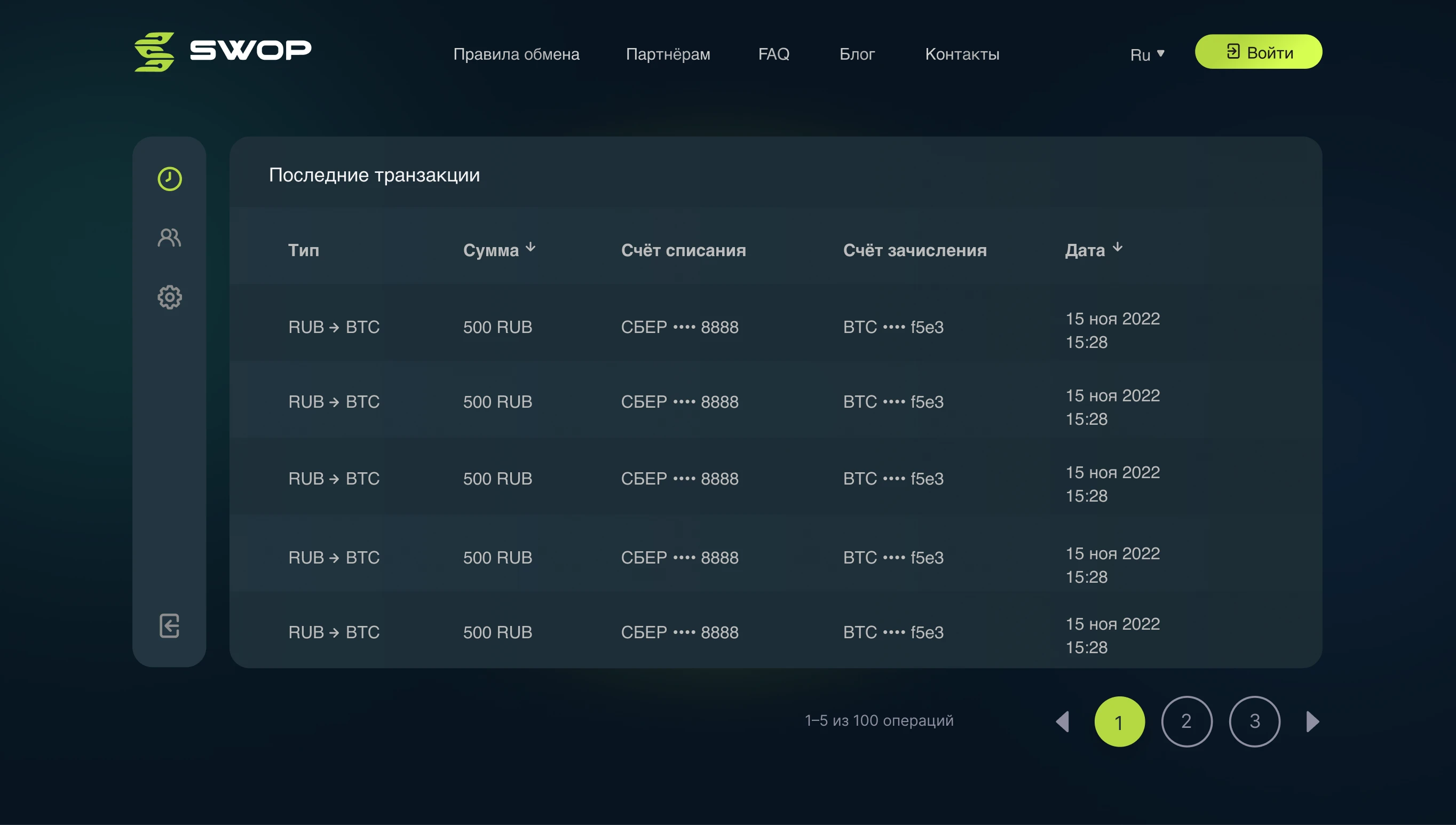 История операций SWOP: список обменов, суммы, счета и даты